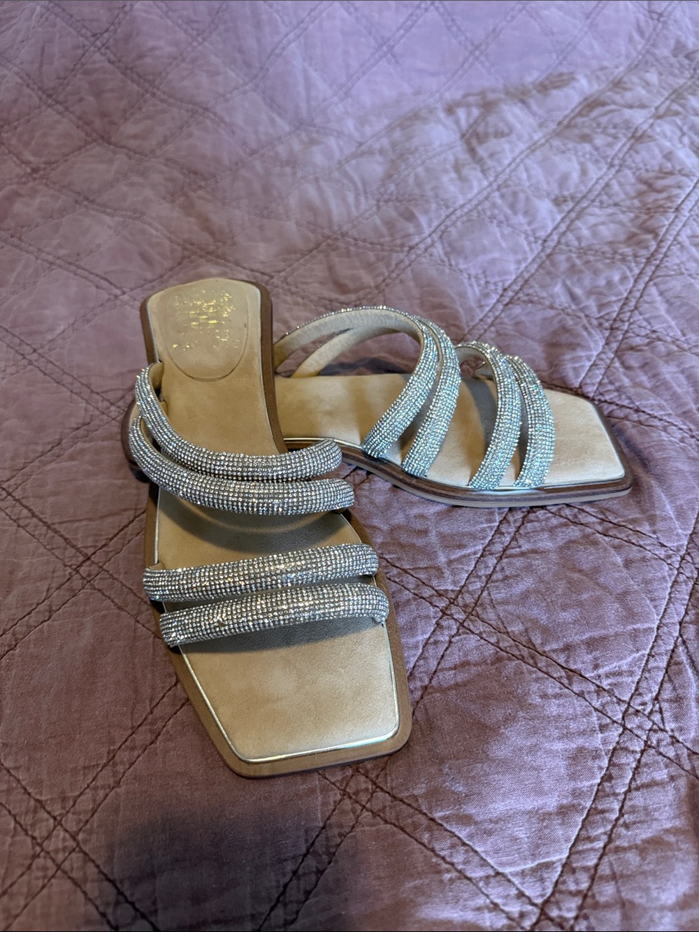 Vince Camuto Silver Crystal-Strap Slide Sandals